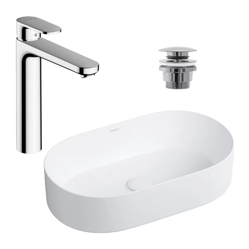 Pachet lavoar pe blat Omnires Mesa alb 53.5 cm, baterie lavoar Hansgrohe Vernis Blend 190 crom si ventil lavoar Click-Clack crom