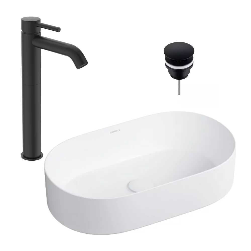 Pachet lavoar pe blat Omnires Mesa alb 53.5 cm, baterie lavoar Ideal Standard Ceraline negru si ventil lavoar Click-Clack D negru