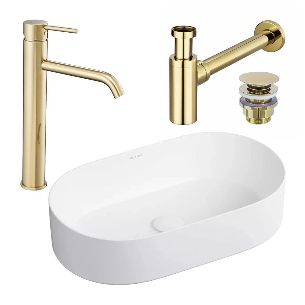 Pachet lavoar pe blat Omnires Mesa alb 53.5 cm, baterie lavoar Rea Lungo auriu si ventil lavoar Click-Clack auriu