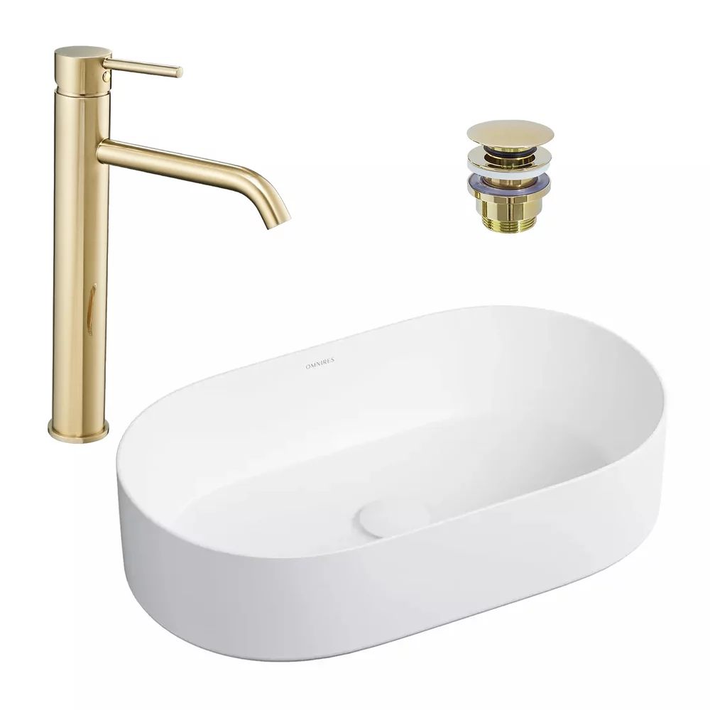 Pachet lavoar pe blat Omnires Mesa alb 53.5 cm, baterie lavoar Rea Lungo auriu si ventil lavoar Click-Clack auriu