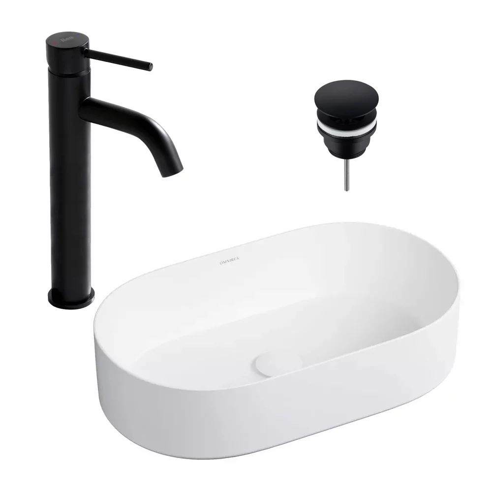 Pachet lavoar pe blat Omnires Mesa alb 53.5 cm, baterie lavoar Rea Lungo negru si ventil lavoar Click-Clack D negru