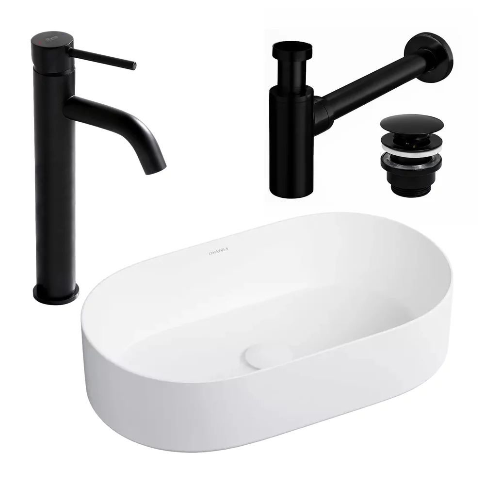 Pachet lavoar pe blat Rea Mesa alb 53.5 cm, baterie lavoar Rea Lungo negru si ventil lavoar Click-Clack negru