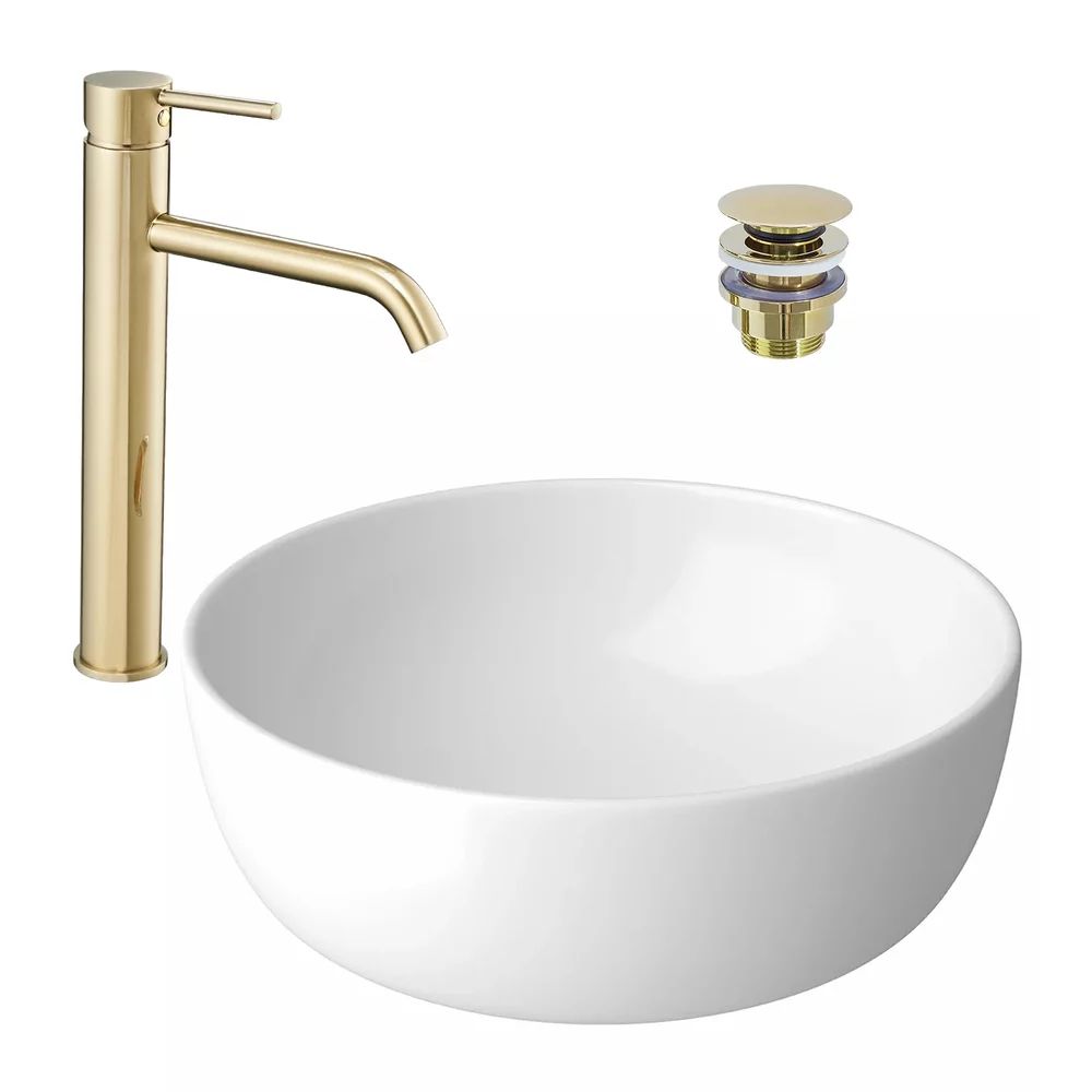 Pachet lavoar pe blat Cersanit Moduo alb 40 cm, baterie lavoar Rea Lungo auriu si ventil lavoar Click-Clack auriu