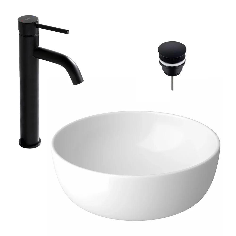 Pachet lavoar pe blat Cersanit Moduo alb 40 cm, baterie lavoar Rea Lungo negru si ventil lavoar Click-Clack D negru