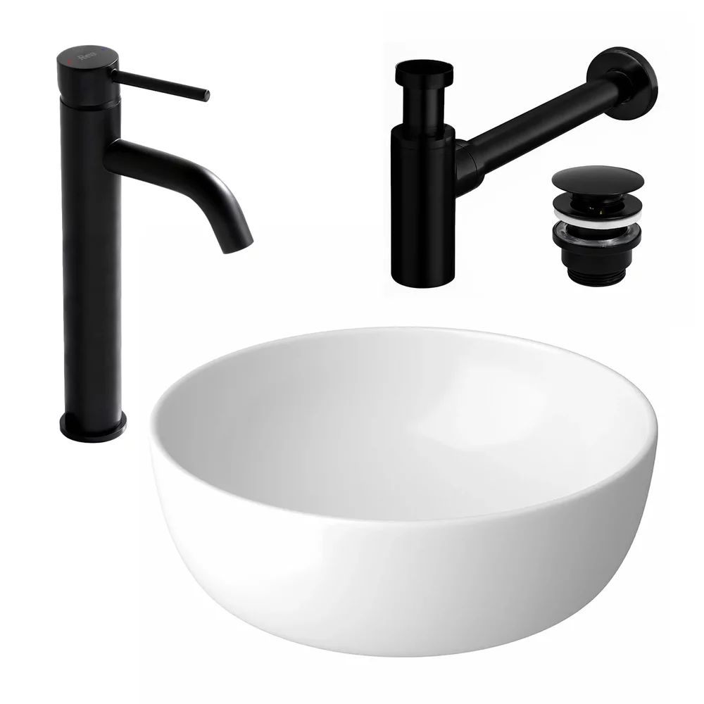 Pachet lavoar pe blat Cersanit Moduo alb 40 cm, baterie lavoar Rea Lungo negru si ventil lavoar Click-Clack negru