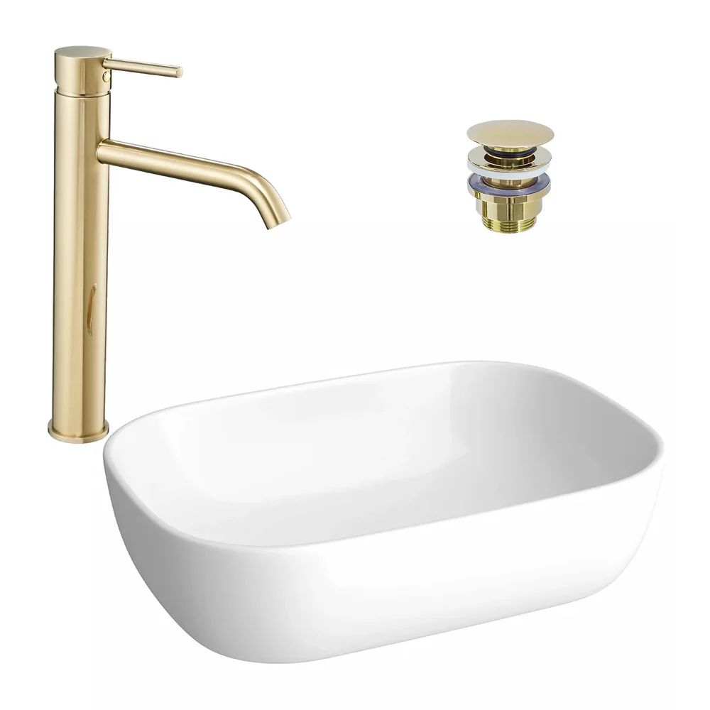 Pachet lavoar pe blat Cersanit Moduo alb 50.5 cm, baterie lavoar Rea Lungo auriu si ventil lavoar Click-Clack auriu