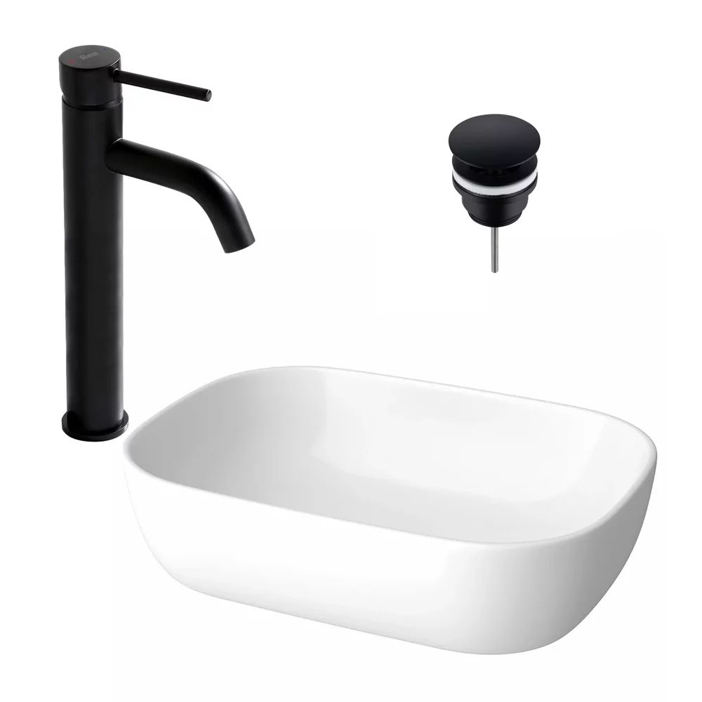 Pachet lavoar pe blat Cersanit Moduo alb 50.5 cm, baterie lavoar Rea Lungo negru si ventil lavoar Click-Clack D negru
