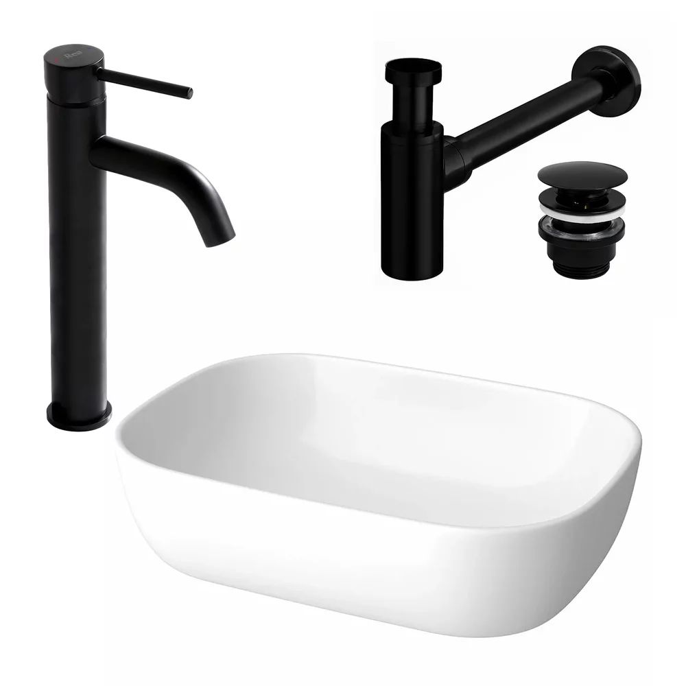 Pachet lavoar pe blat Cersanit Moduo alb 50.5 cm, baterie lavoar Rea Lungo negru si ventil lavoar Click-Clack negru