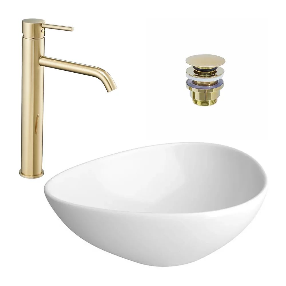 Pachet lavoar pe blat Cersanit Moduo alb 56.5 cm, baterie lavoar Rea Lungo auriu si ventil lavoar Click-Clack auriu