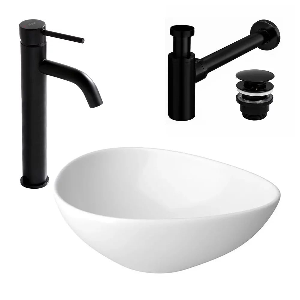 Pachet lavoar pe blat Cersanit Moduo alb 56.5 cm, baterie lavoar Rea Lungo negru si ventil lavoar Click-Clack negru