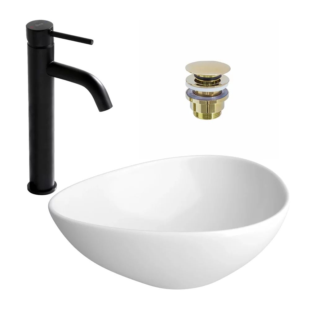 Pachet lavoar pe blat Cersanit Moduo alb 44 cm, baterie lavoar Rea Lungo negru si ventil lavoar Click-Clack auriu