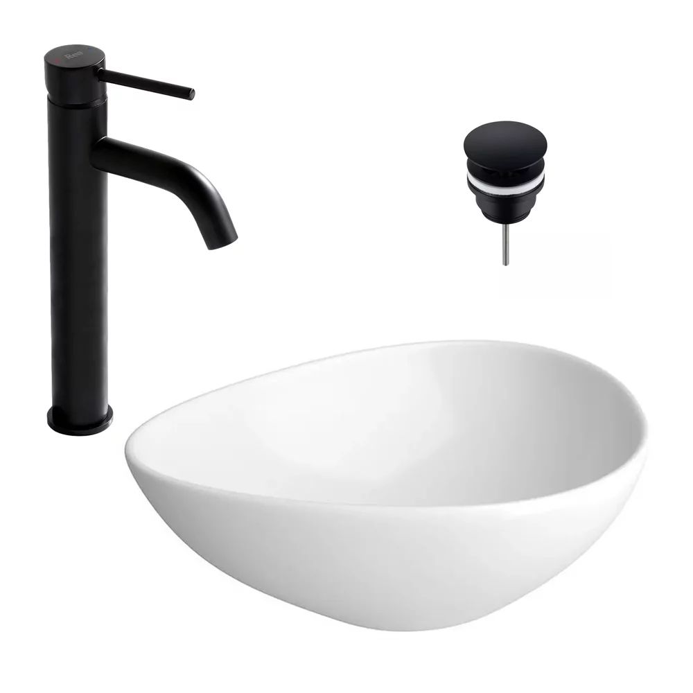 Pachet lavoar pe blat Cersanit Moduo alb 56.5 cm, baterie lavoar Rea Lungo negru si ventil lavoar Click-Clack negru