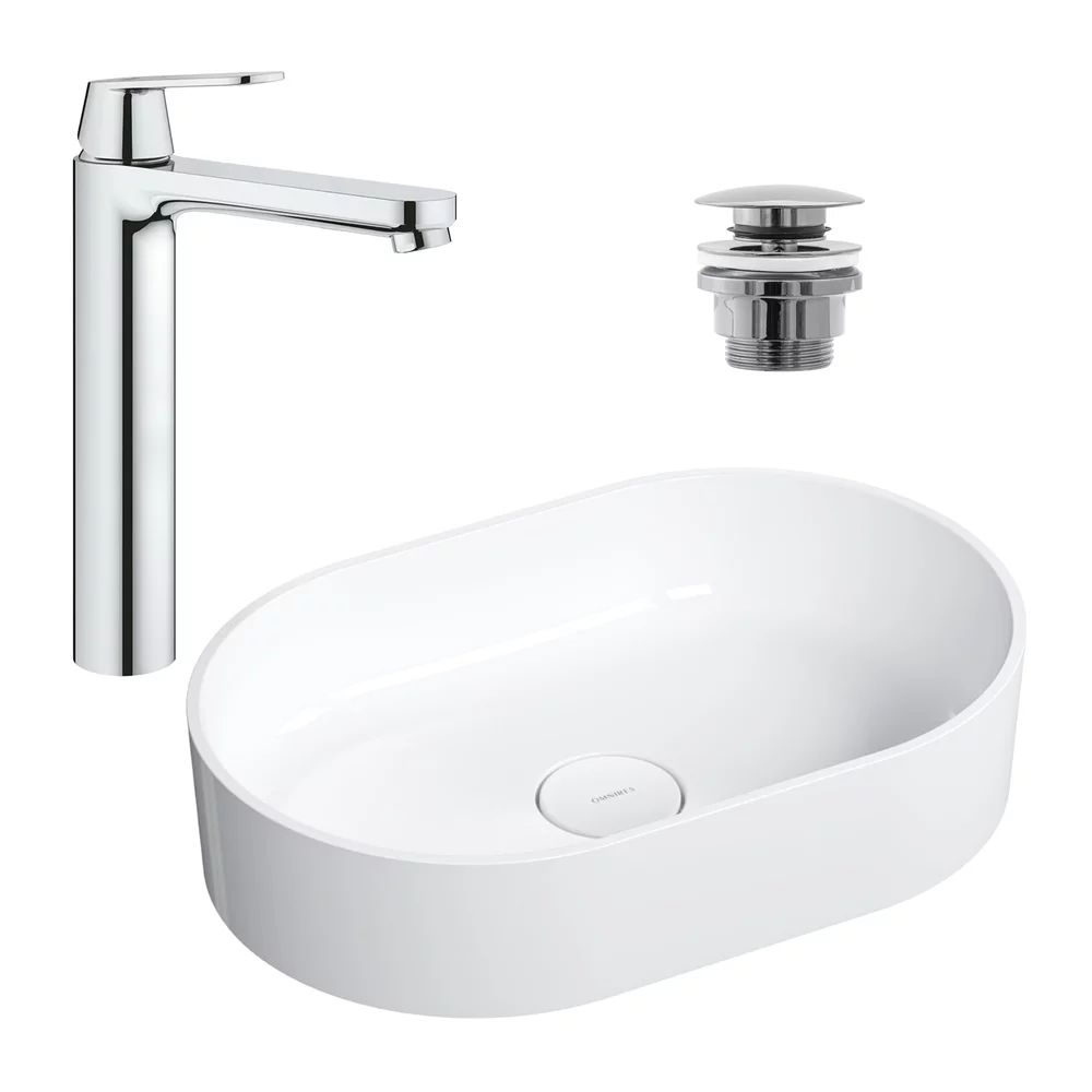 Pachet lavoar pe blat Omnires Ovo M+ alb 55 cm, baterie lavoar Grohe Eurosmart Cosmopolitan XL crom si ventil lavoar Click-Clack crom