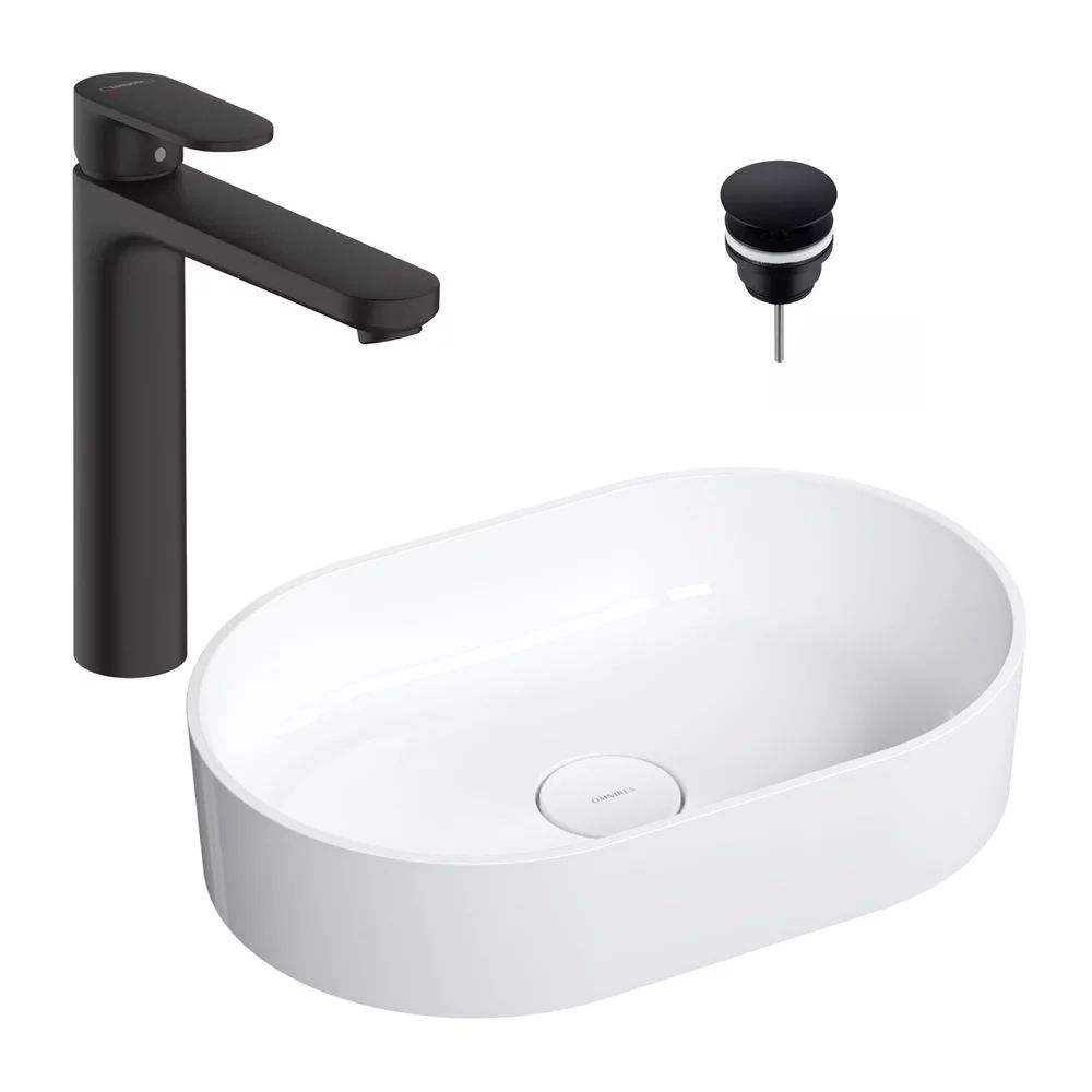 Pachet lavoar pe blat Omnires Ovo M+ alb 55 cm, baterie lavoar Hansgrohe Vernis Blend negru si ventil lavoar Click-Clack D negru