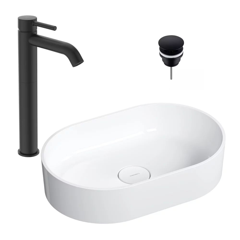 Pachet lavoar pe blat Omnires Ovo M+ alb 55 cm, baterie lavoar Ideal Standard Ceraline negru si ventil lavoar Click-Clack negru