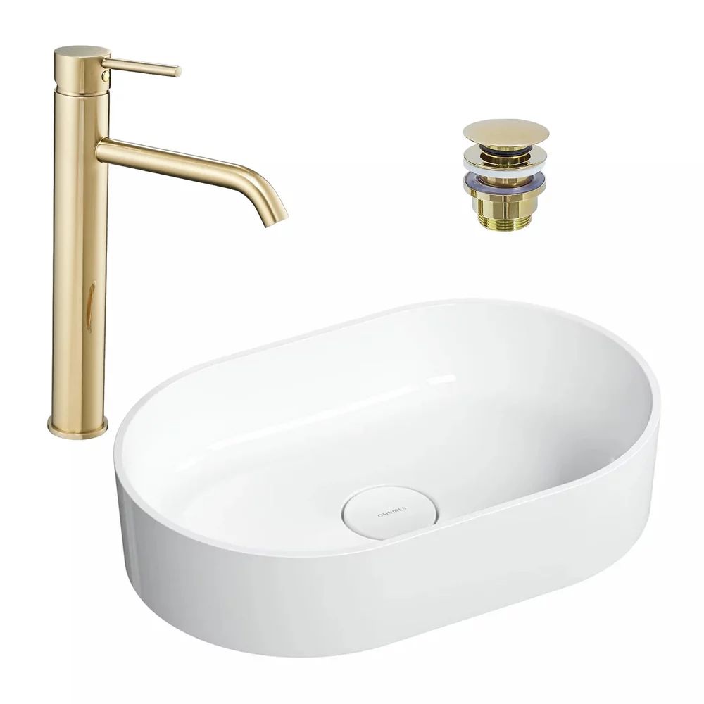 Pachet lavoar pe blat Omnires Ovo M+ alb 55 cm, baterie lavoar Rea Lungo auriu si ventil lavoar Click-Clack auriu