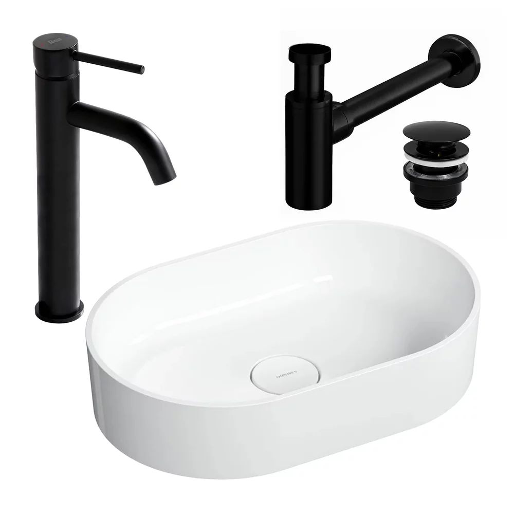 Pachet lavoar pe blat Omnires Ovo M+ alb 55 cm, baterie lavoar Rea Lungo negru si ventil pentru lavoar Click-Clack negru