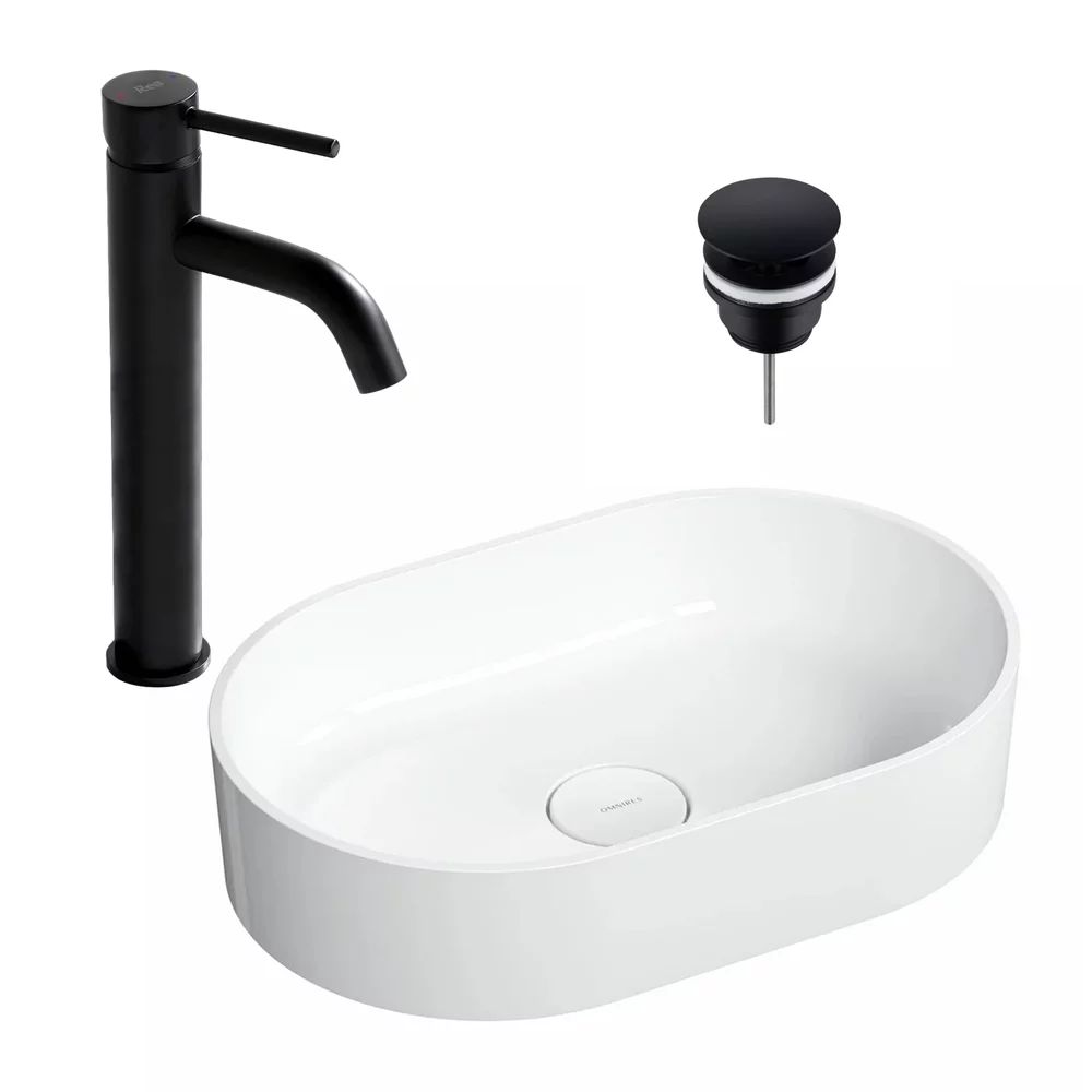 Pachet lavoar pe blat Omnires Ovo M+ alb 55 cm, baterie lavoar Rea Lungo negru si ventil lavoar Click-Clack D negru