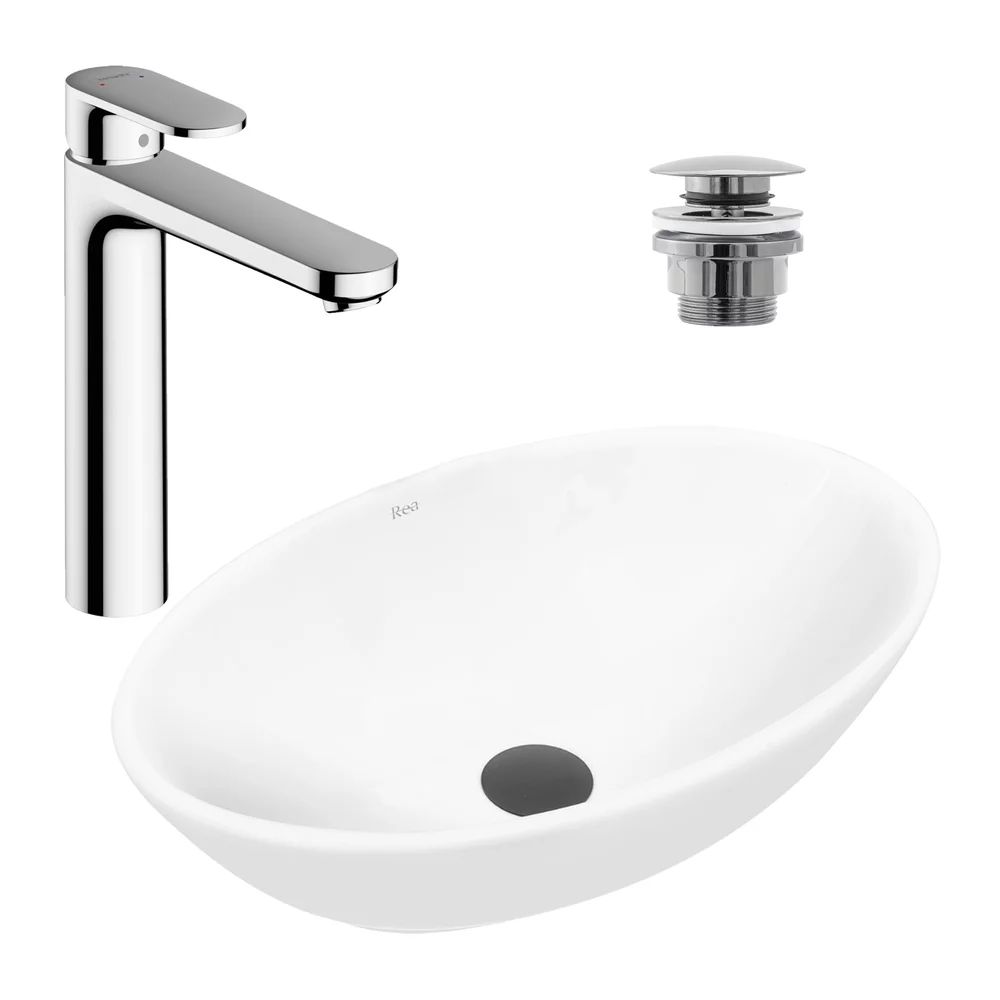 Pachet lavoar pe blat Rea Pamela alb 53 cm, baterie lavoar Hansgrohe Vernis Blend crom si ventil lavoar Click-Clack crom
