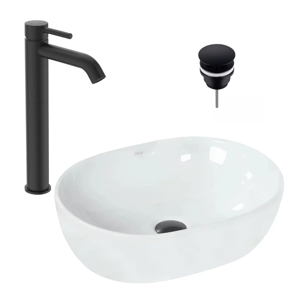 Pachet lavoar pe blat Rea alb 48 cm, baterie lavoar Ideal Standard Ceraline negru si ventil lavoar Click-Clack negru