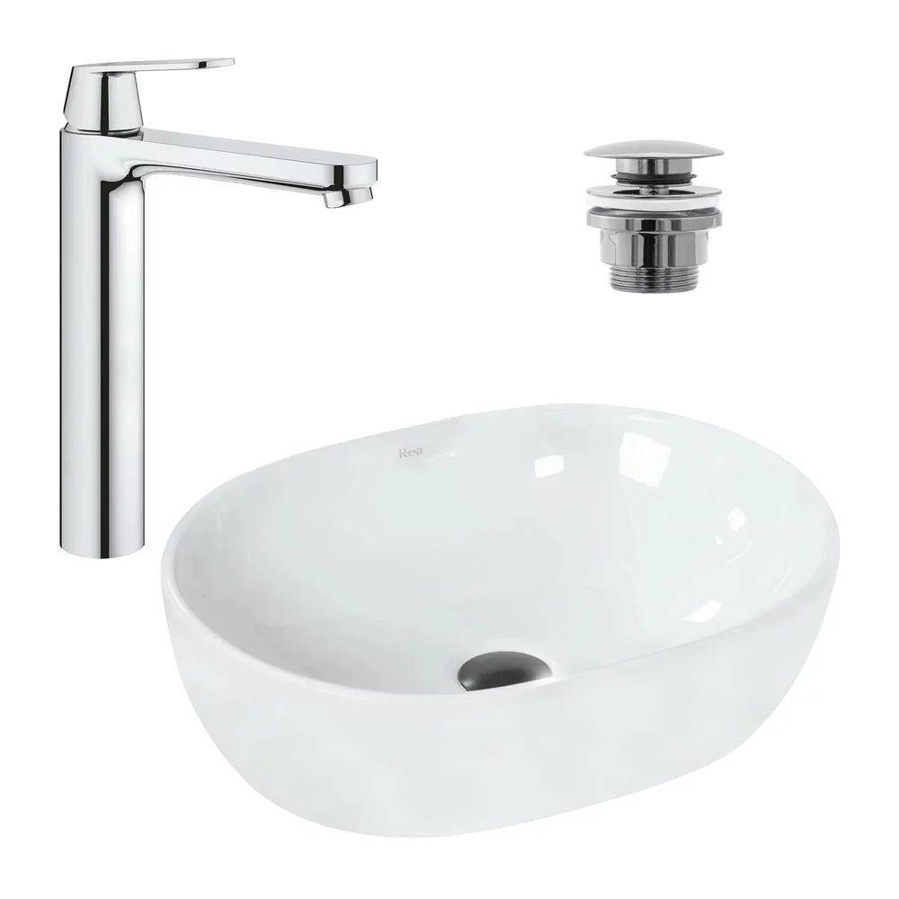 Pachet lavoar pe blat Rea Amelia alb 48 cm, baterie lavoar Grohe Eurosmart Cosmopolitan XL crom si ventil lavoar Click-Clack crom