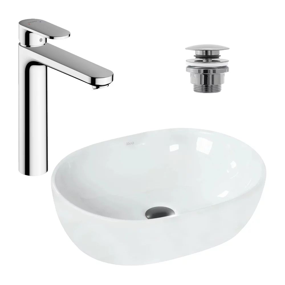 Pachet lavoar pe blat Rea Amelia alb 48 cm, baterie lavoar Hansgrohe Vernis Blend crom si ventil lavoar Click-Clack crom