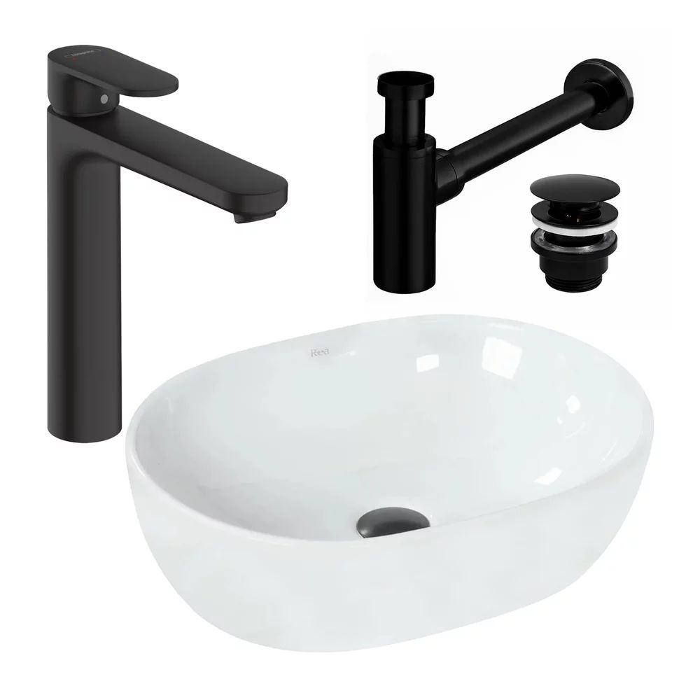 Pachet lavoar pe blat Rea Amelia alb 48 cm, baterie lavoar Hansgrohe Vernis Blend negru si ventil lavoar Click-Clack negru