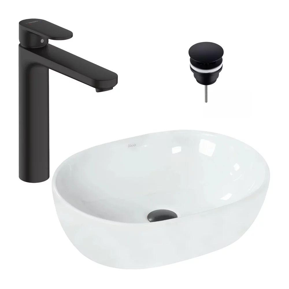 Pachet lavoar pe blat Rea Amelia alb 48 cm, baterie lavoar Hansgrohe Vernis Blend negru si ventil lavoar Click-Clack D negru