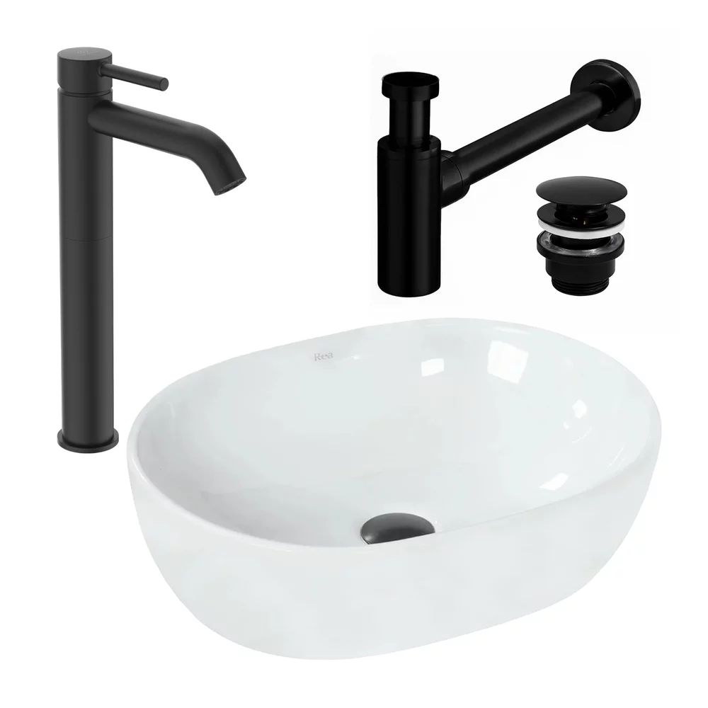 Pachet lavoar pe blat Rea Amelia alb 48 cm, baterie lavoar Ideal Standard Ceraline negru si ventil lavoar Click-Clack negru