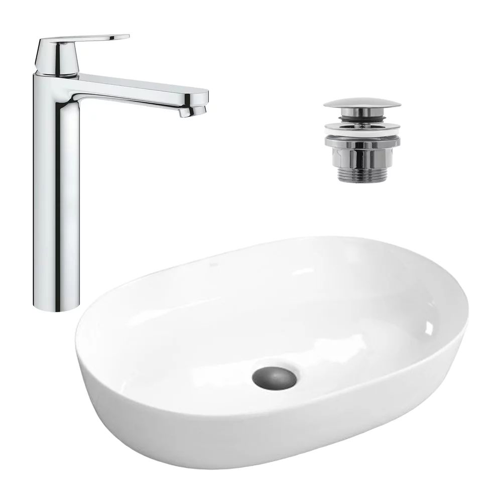 Pachet lavoar pe blat Rea Cleo alb 61 cm, baterie lavoar Grohe Eurosmart Cosmopolitan XL crom si ventil lavoar Click-Clack crom