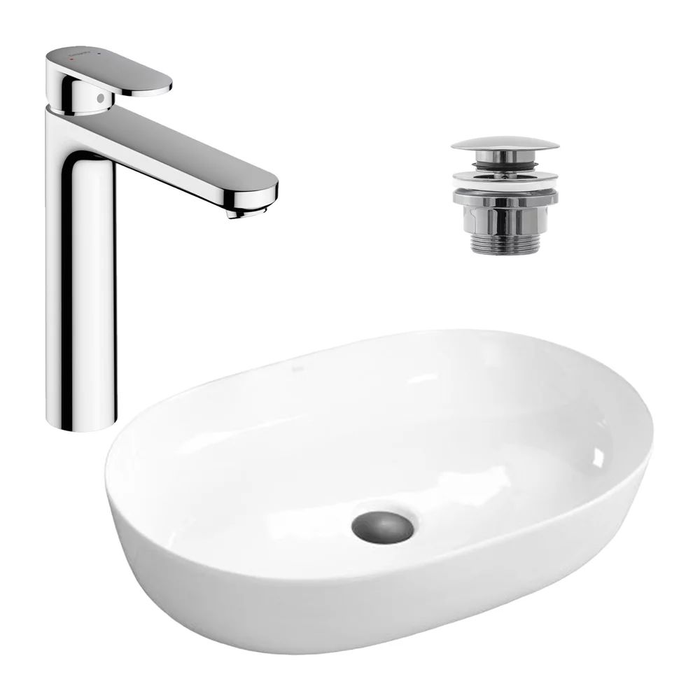 Pachet lavoar pe blat Rea Cleo alb 61 cm, baterie lavoar Hansgrohe Vernis Blend crom si ventil lavoar Click-Clack crom