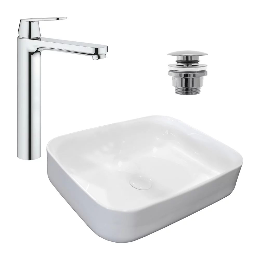 Pachet lavoar pe blat Rea Demi Slim alb 51 cm, baterie lavoar Grohe Eurosmart Cosmopolitan XL crom si ventil lavoar Click-Clack crom