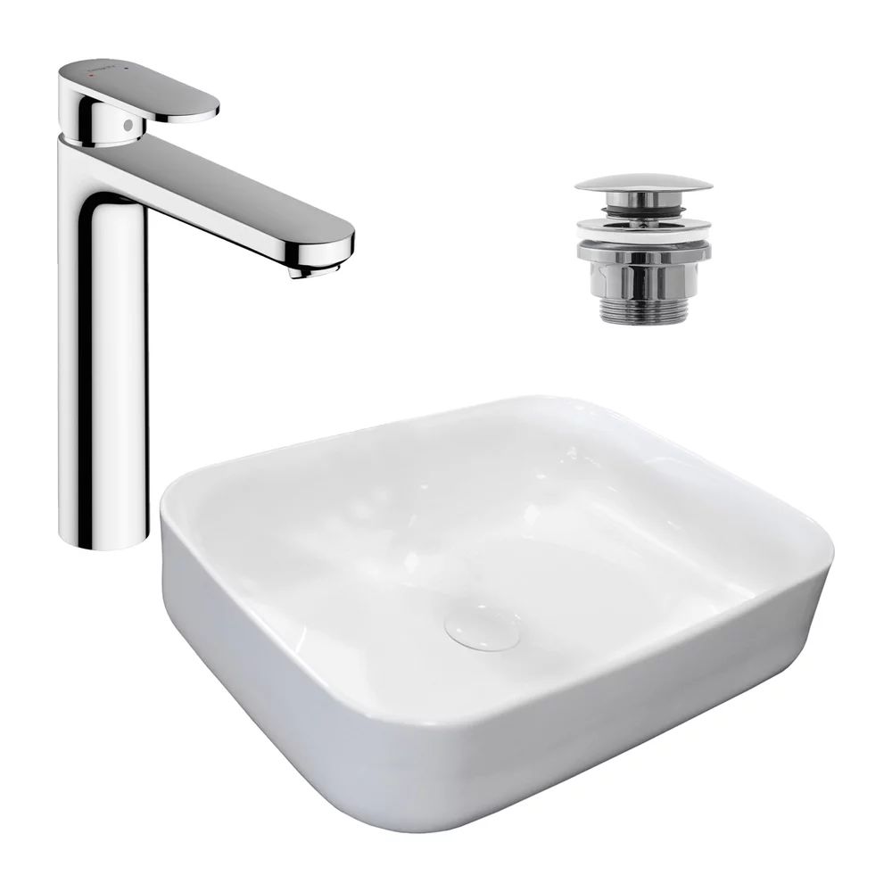Pachet lavoar pe blat Rea Demi Slim alb 51 cm, baterie lavoar Hansgrohe Vernis Blend crom si ventil lavoar Click-Clack crom