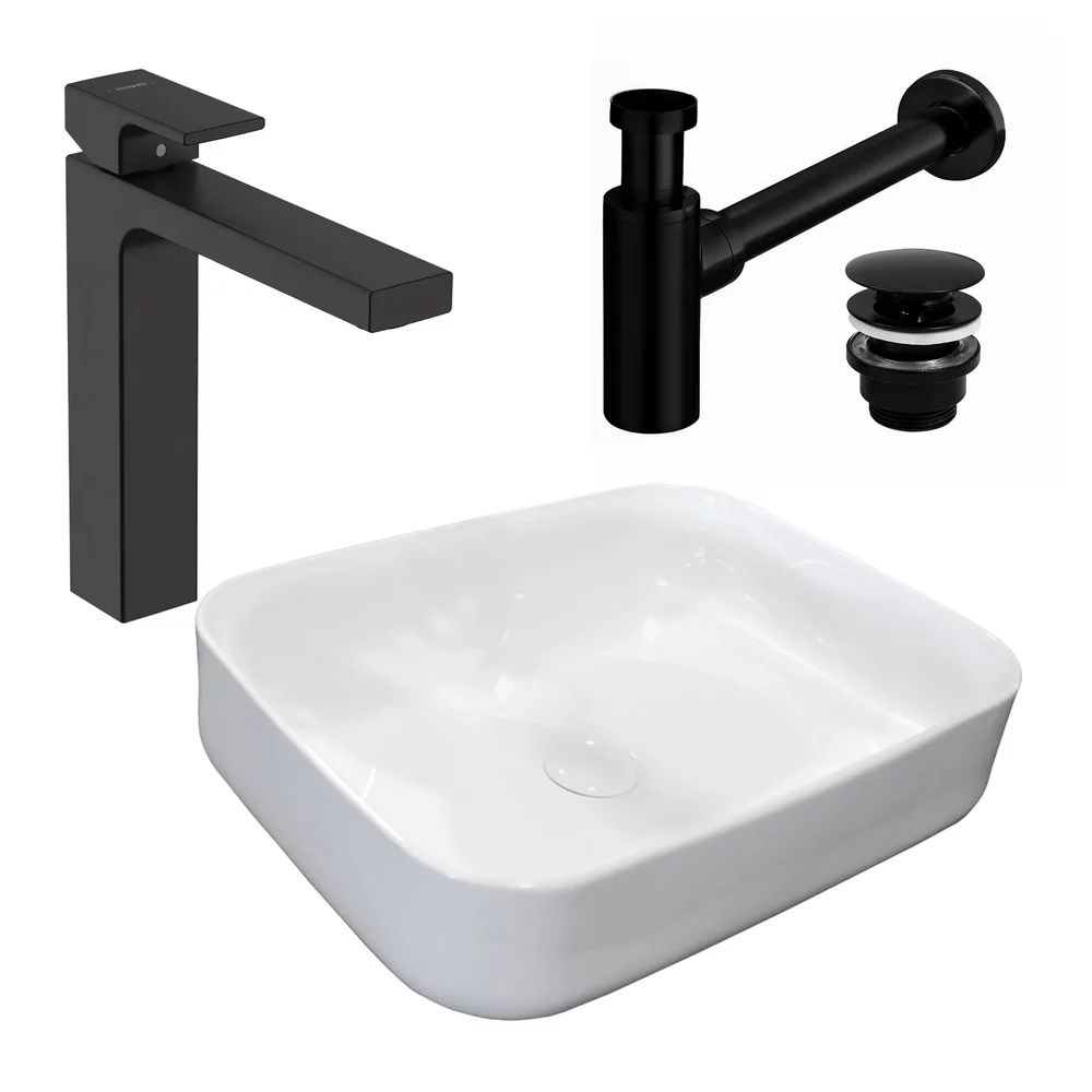 Pachet lavoar pe blat Rea Demi Slim alb 51 cm, baterie lavoar Hansgrohe Vernis Shape 190 negru si ventil lavoar Click-Clack negru