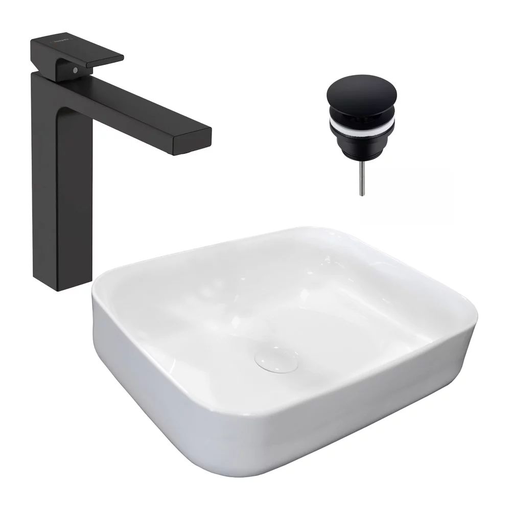 Pachet lavoar pe blat Rea Demi Slim alb 51 cm, baterie lavoar Hansgrohe Vernis Shape 190 negru si ventil lavoar Click-Clack negru