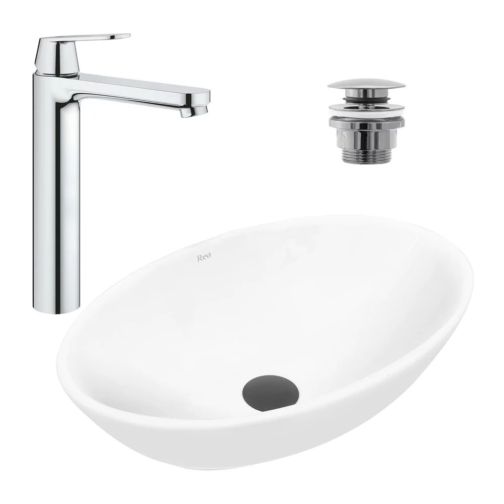Pachet lavoar pe blat Rea Pamela alb 53 cm, baterie lavoar Grohe Eurosmart Cosmopolitan XL crom si ventil lavoar Click-Clack crom