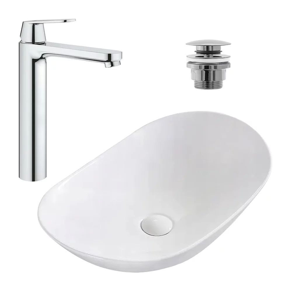 Pachet lavoar pe blat Rea Royal alb 62.5 cm, baterie lavoar Grohe Eurosmart Cosmopolitan XL crom si ventil lavoar Click-Clack crom