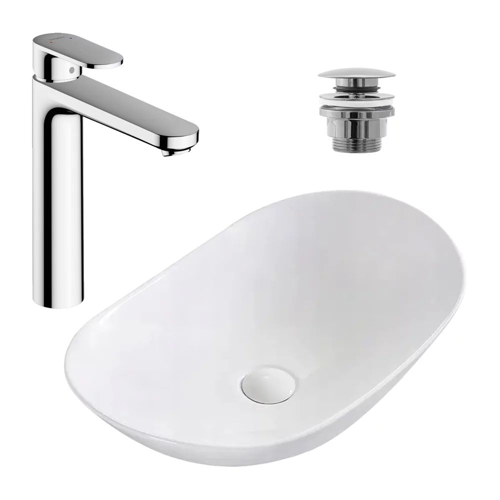Pachet lavoar pe blat Rea Royal alb 62.5 cm, baterie lavoar Hansgrohe Vernis Blend 190 crom si ventil lavoar Click-Clack crom