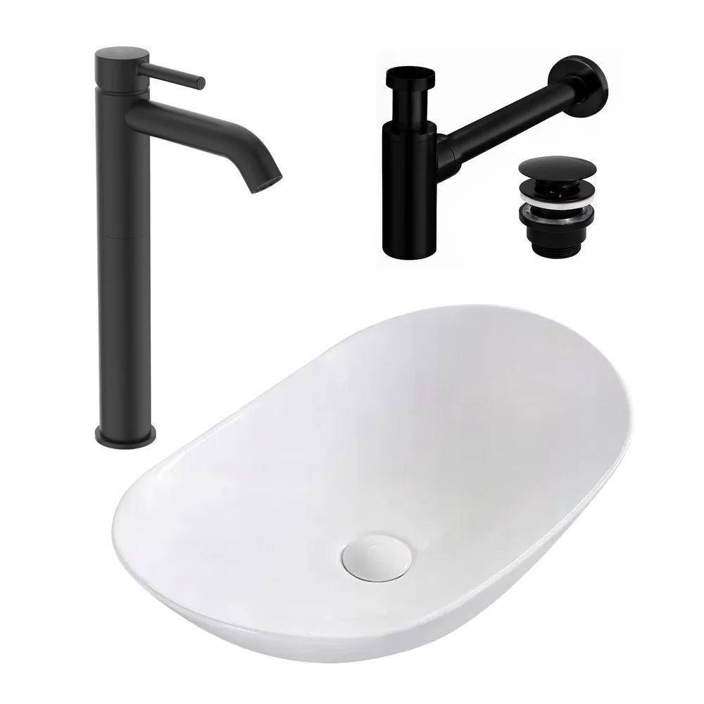Pachet lavoar pe blat Rea Royal alb 62.5 cm, baterie lavoar Ideal Standard Ceraline negru si ventil lavoar Click-Clack negru