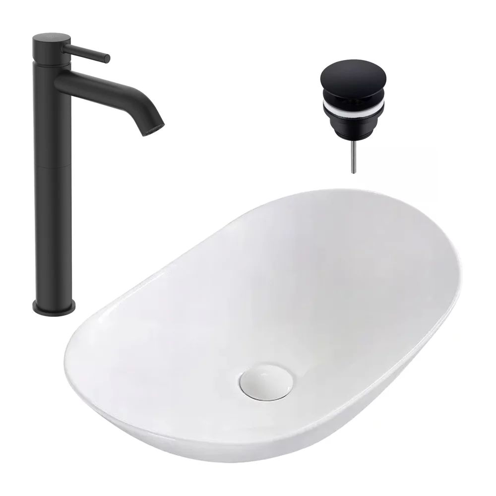 Pachet lavoar pe blat Rea Royal alb 62.5 cm, baterie lavoar Ideal Standard Ceraline negru si ventil lavoar Click-Clack D negru