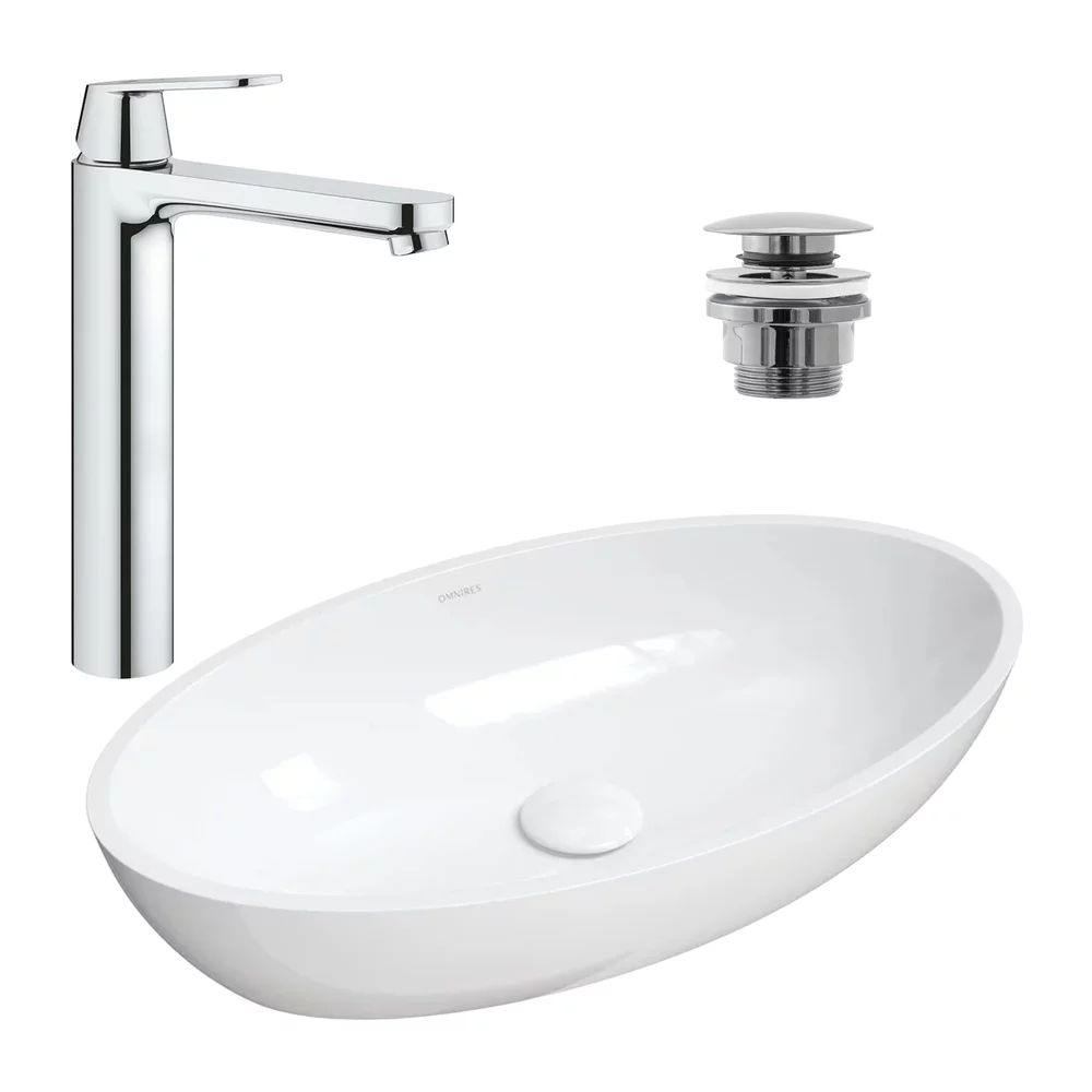 Pachet lavoar pe blat Omnires Siena M+ alb 60 cm, baterie lavoar Grohe Eurosmart Cosmopolitan XL crom si ventil lavoar Click-Clack crom