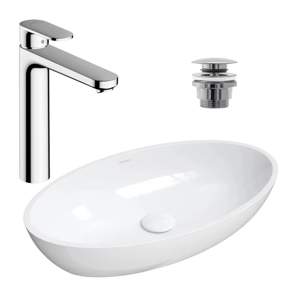 Pachet lavoar pe blat Omnires Siena M+ alb 60 cm, baterie lavoar Hansgrohe Vernis Blend crom si ventil lavoar Click-Clack crom