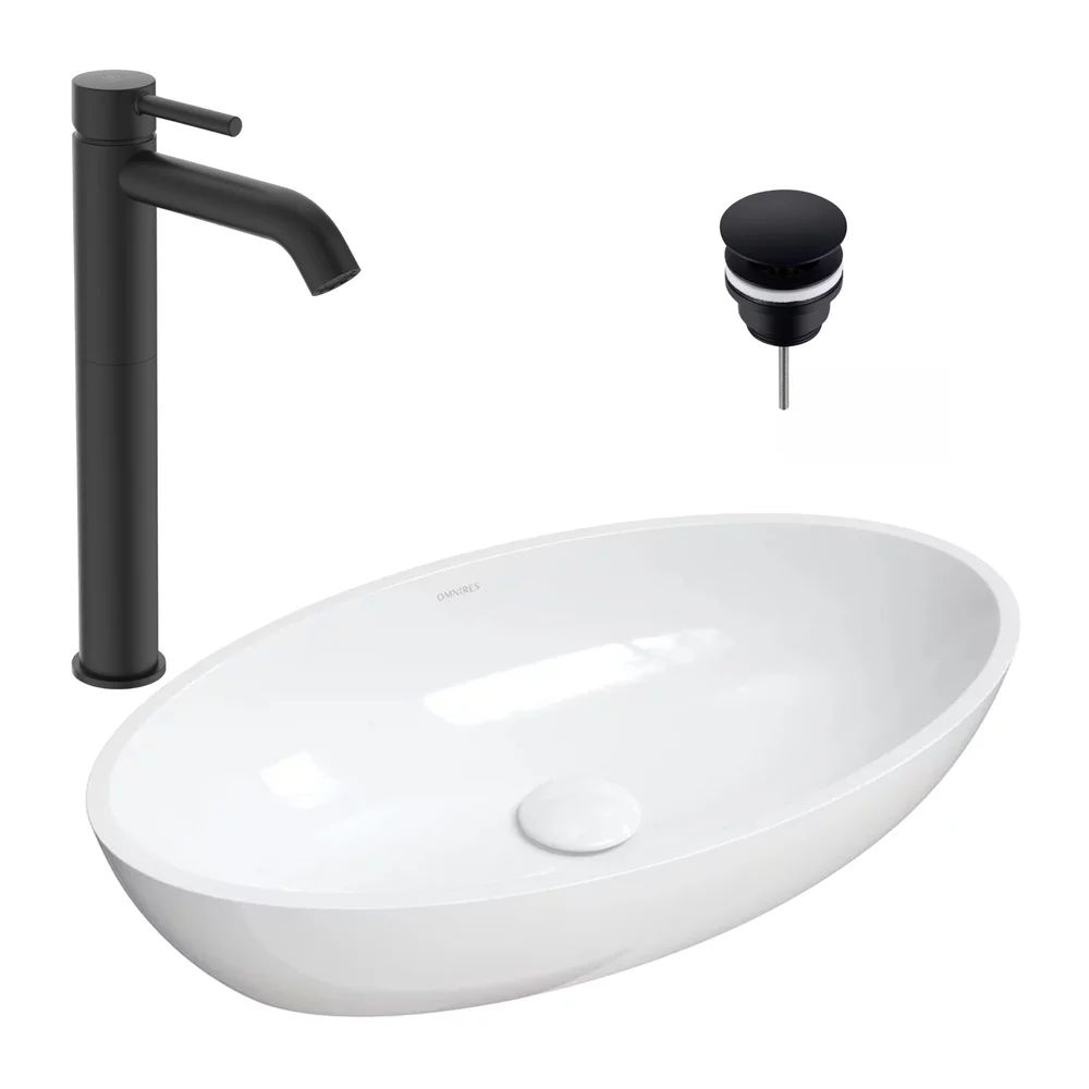 Pachet lavoar pe blat Omnires Siena M+ alb 60 cm, baterie lavoar Ideal Standard Ceraline negru si ventil lavoar Click-Clack negru