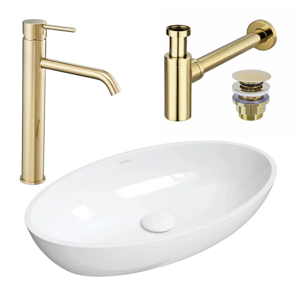 Pachet lavoar pe blat Omnires Siena M+ alb 60 cm, baterie lavoar Rea Lungo auriu si ventil lavoar Click-Clack auriu