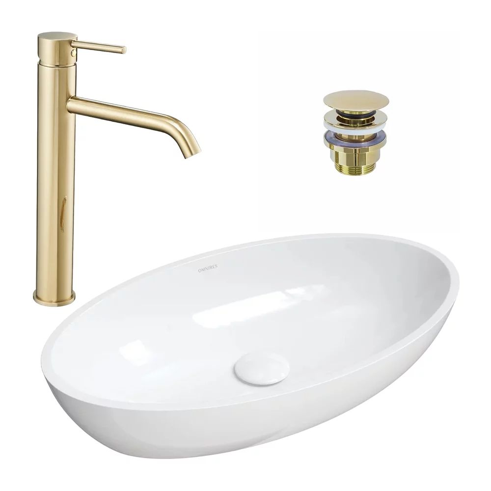 Pachet lavoar pe blat Omnires Siena M+ alb 60 cm, baterie lavoar Rea Lungo auriu si ventil lavoar Click-Clack auriu