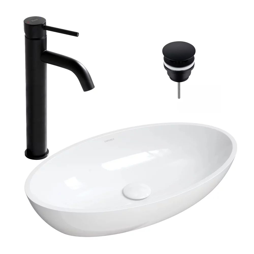 Pachet lavoar pe blat Omnires Siena M+ alb 60 cm, baterie lavoar Rea Lungo negru si ventil lavoar Click-Clack D negru