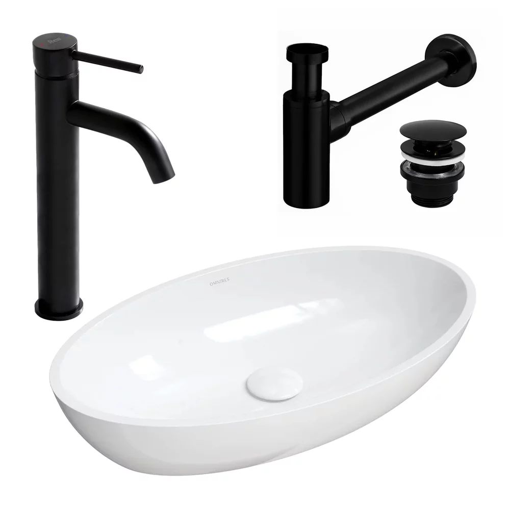 Pachet lavoar pe blat Omnires Siena M+ alb 60 cm, baterie lavoar Rea Lungo negru si ventil lavoar Click-Clack negru