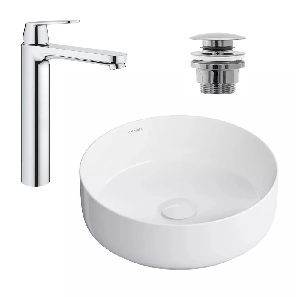 Pachet lavoar pe blat Omnires Tulsa alb 36 cm, baterie lavoar Grohe Eurosmart Cosmopolitan XL crom si ventil lavoar Click-Clack crom