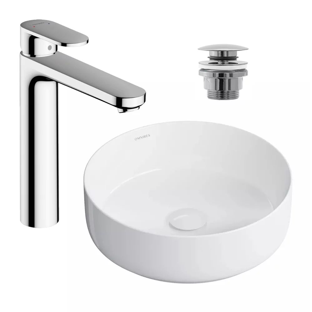 Pachet lavoar pe blat Omnires Tulsa alb 36 cm, baterie lavoar Hansgrohe Vernis Blend crom si ventil lavoar Click-Clack crom