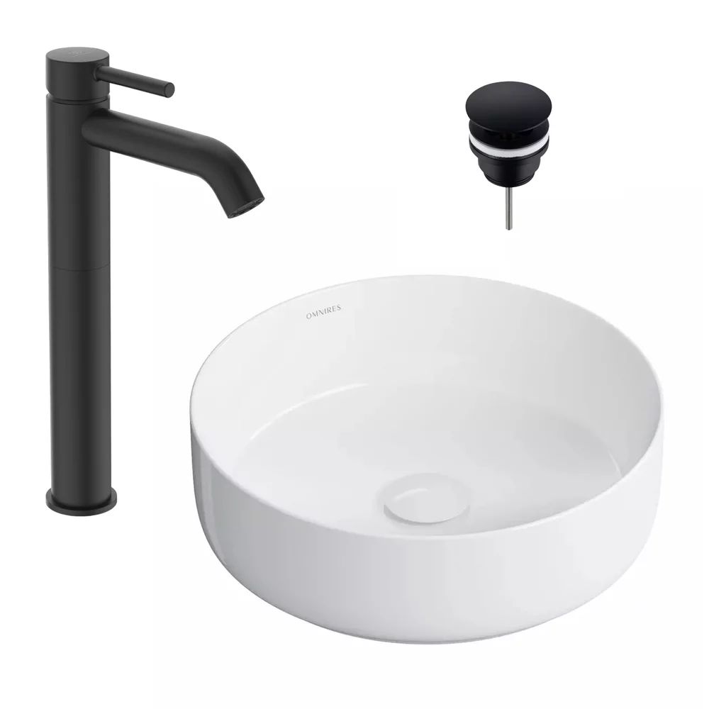 Pachet lavoar pe blat Omnires Tulsa alb 36 cm, baterie lavoar Ideal Standard Ceraline negru si ventil lavoar Click-Clack D negru